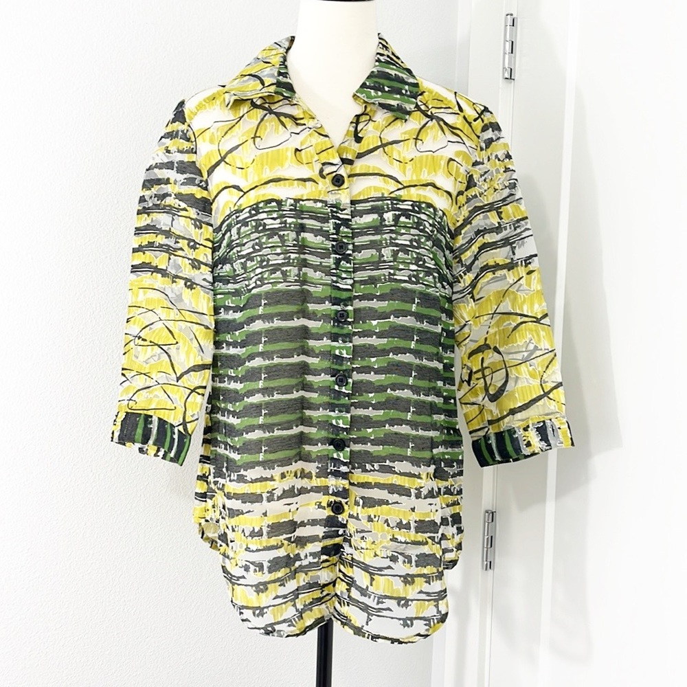 Erin London Medium Green, Yellow Button Down 3/4 Sleeve Sheer Blouse Top